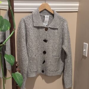 Gray Knit Cardigan with Button Closure